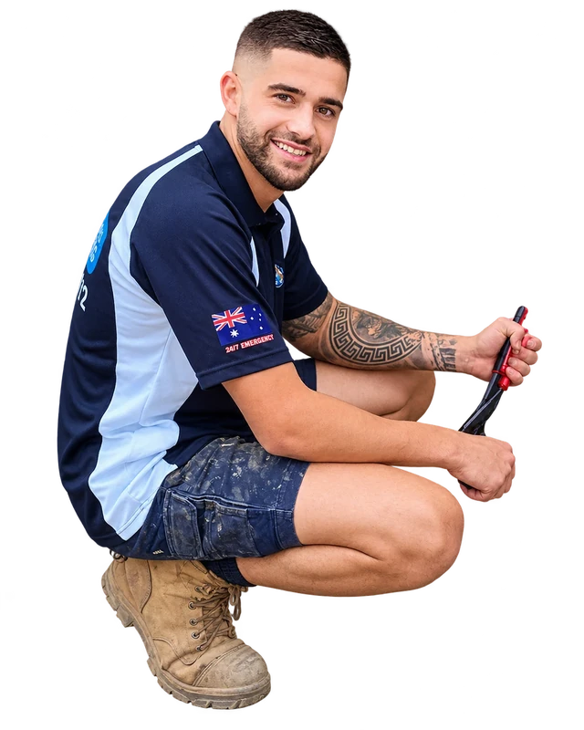 An Aussie Oncall Plumbing & Drains plumber crouched with a wrench